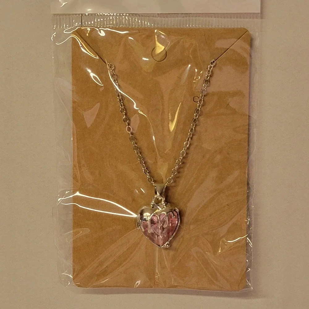 Love Melting Pink Heart Cubic Zirconia Silvertone Pendant Chain Necklace